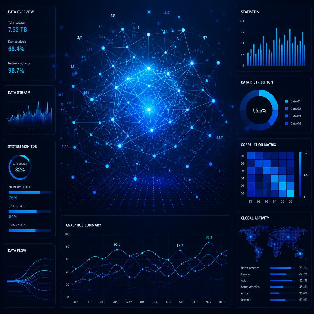 Abstract data visualization showing network growth with connected nodes and statistical graphs in a digital environment - Nano Banana2 prompt: abstract digital network visualization with glowing data nodes, statistical chart elements, futuristic analytics dashboard, blue and cyan color scheme, no human faces, no woman image